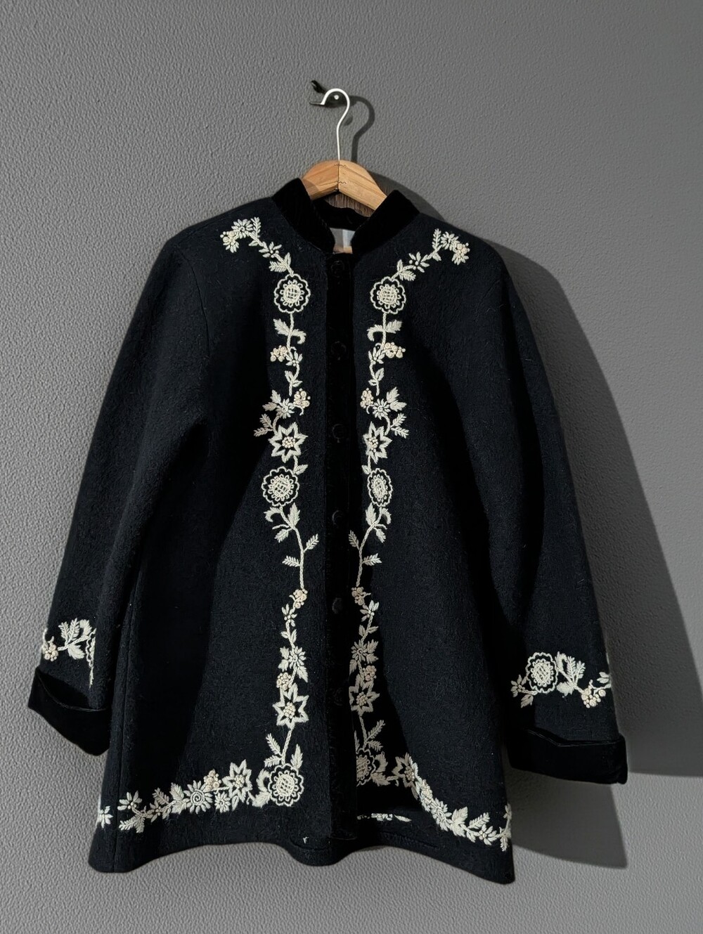 Black Embroidered Wool-Blend Coatigan with Ivory Floral Trim